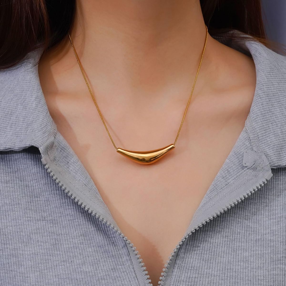 Stailess Steel Metal Curved Bar Tube Pendant Necklace for Women Dainty Snake Chain Statement Necklace Chunky Horizontal Round Tube Choke Necklaces - Image 7
