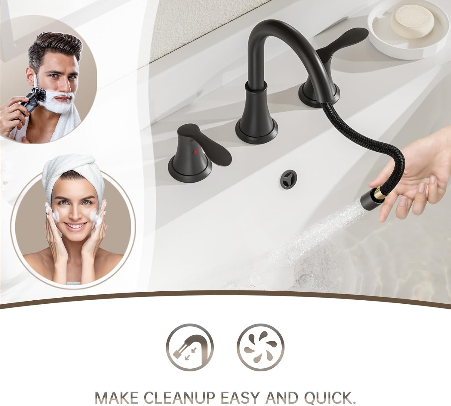 Phiestina Matte Black Bathroom Faucet,8 Inch 3 Hole Bathroom Faucet Pull Down,Pull-Out with Sprayer, Metal Pop-Up Drain, 2 Handles for Three-Hole Faucet Widespread,WFTY36CL-MB - Image 3