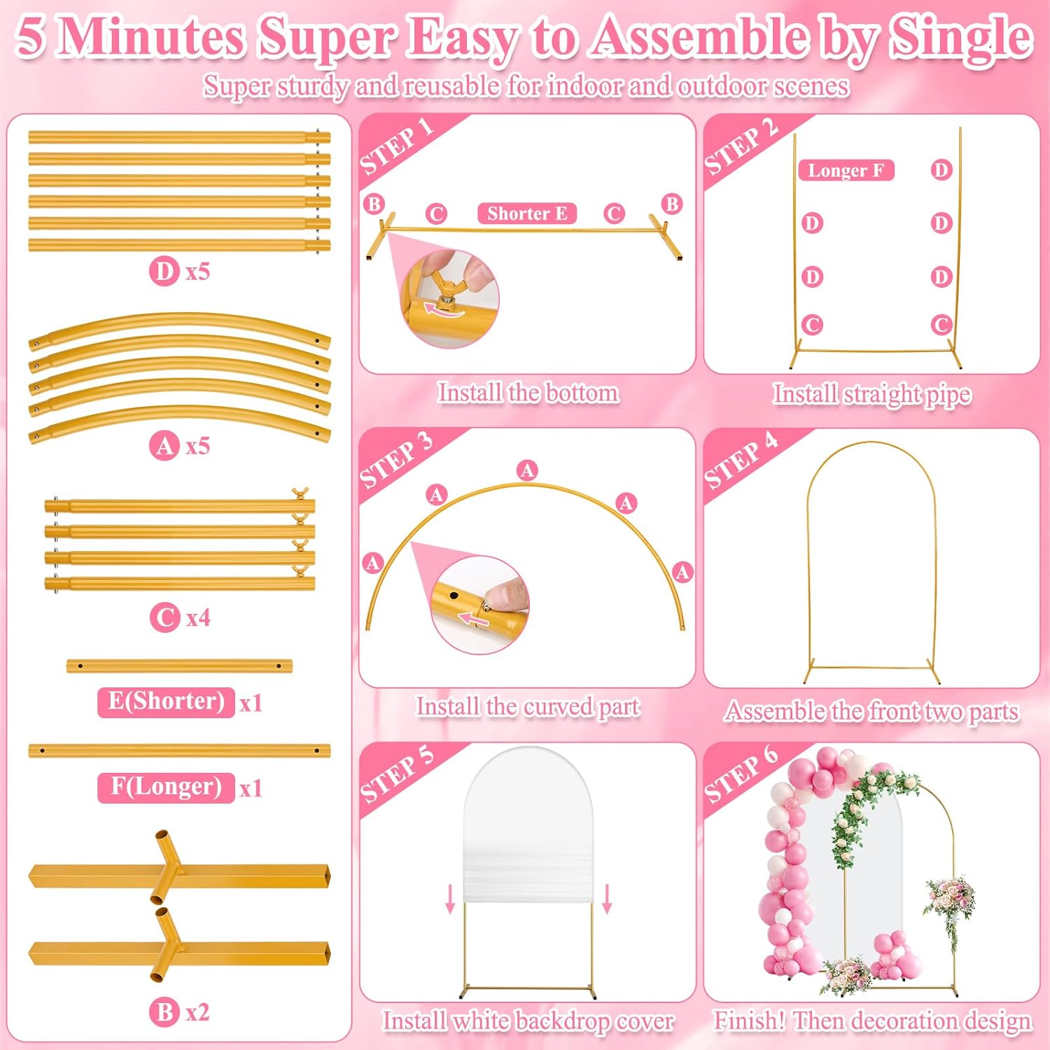 7.2Ft Arch Backdrop Stand and Cover Set, Gold Metal Arch Stand with Storage Bag and Rich Balloon Tool for Wedding Birthday Baby Shower Graduation Event Balloon Flowers Decor, Easy to Assemble