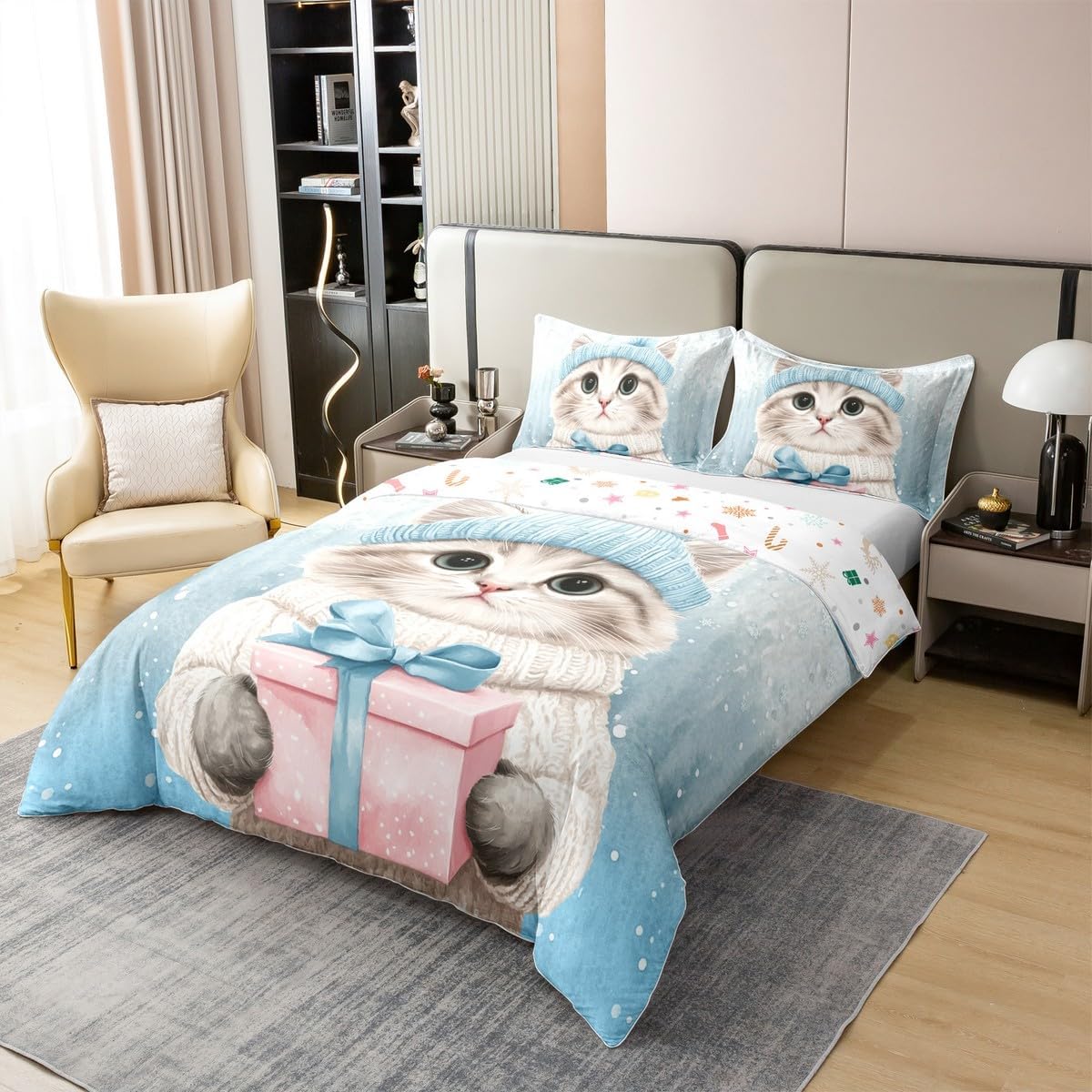 Manfei Full Size Duvet Cover Cute Cat 100% Pure Cotton Comforter Cover Pet Cat Bedding Set with 2 Pillowcases (Not Comforter) Happy New Year Quilt Cover image 2