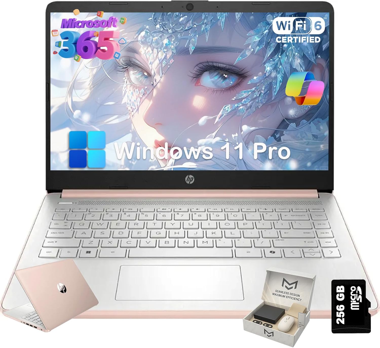 HP 2025 14 inch Laptop Computer for Student & Business, Intel Quad-Core N150 CPU, 16GB RAM, 384GB Storage (128GB UFS+256GB SD Card), 1 Year Office 365, Lightweight, Win 11 Pro, Copilot AI, Rosegold
