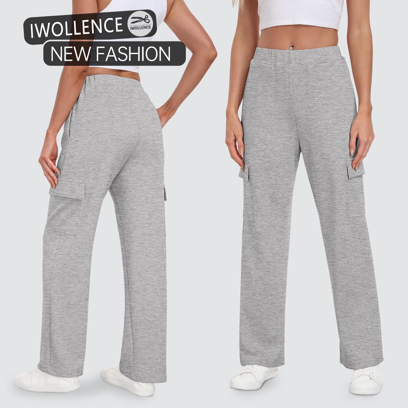 IWOLLENCE Womens Cargo Sweatpants Baggy Wide Straight Leg Sweats Pants with Pockets - Image 4