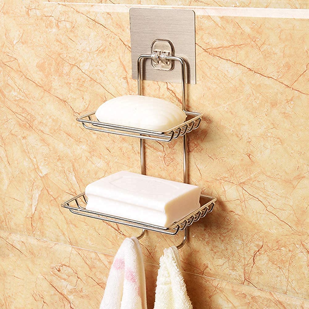 Kienlix Double Layer Soap Dish Storage Organizer Holder and Stainless Steel Hook Self-Adhesive Stainless Steel Waterproof Kitchen Bathroom Soaps Storage Rack with Hook for Home(Silver, 14 x 25 cm) (B0BWJ75XT3) Amazon Price History, Amazon Price Tracker