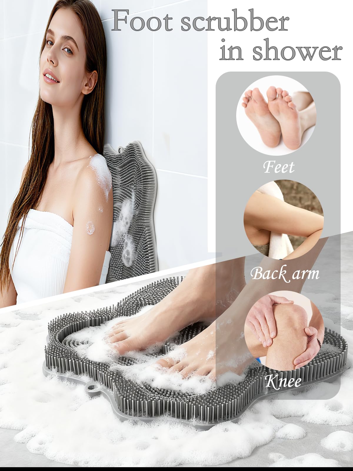 Alfombrilla de ducha para pies, limpiador de espalda montado en la pared, cepillo de silicona con ventosas antideslizantes, limpiador de pies para uso en la ducha para mejorar la exfoliación de la