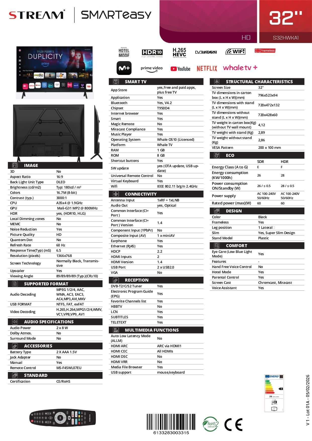 Stream System - Smart Easy Whale TV 32, HD Ready, Frameless (senza cornice), Chromecast e Miracast integrati, Google Assistant, WiFi, DVB-T2/C/S2, modalità hotel - Modello S32HWKA1