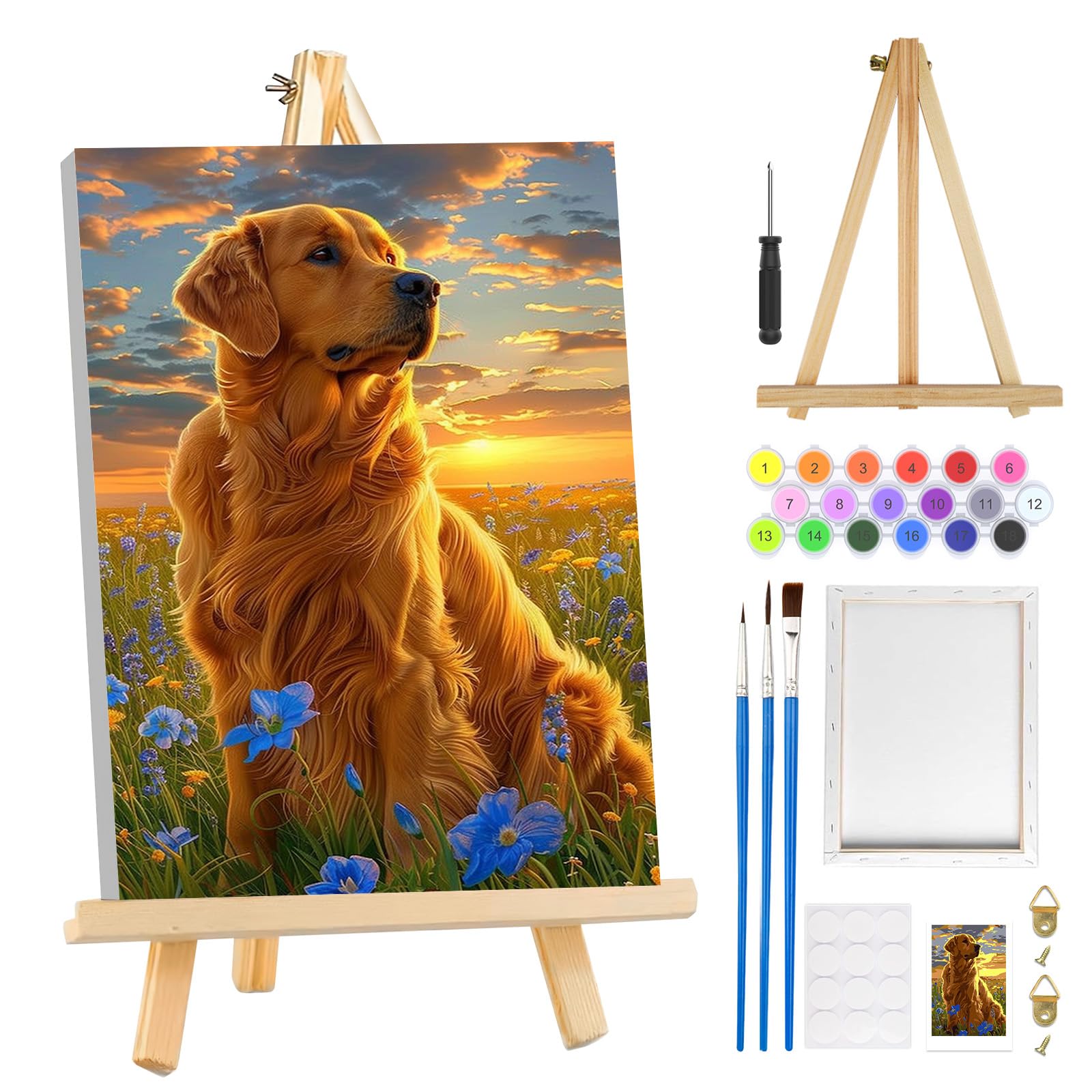 MOGTAA Dog Paint by Numbers for Adults with Frame, Flowers Landscape Painting by Numbers for Adults with Easel, Easy DIY Animal Oil Painting Kits Art Crafts for Home Decor, 8x12in
