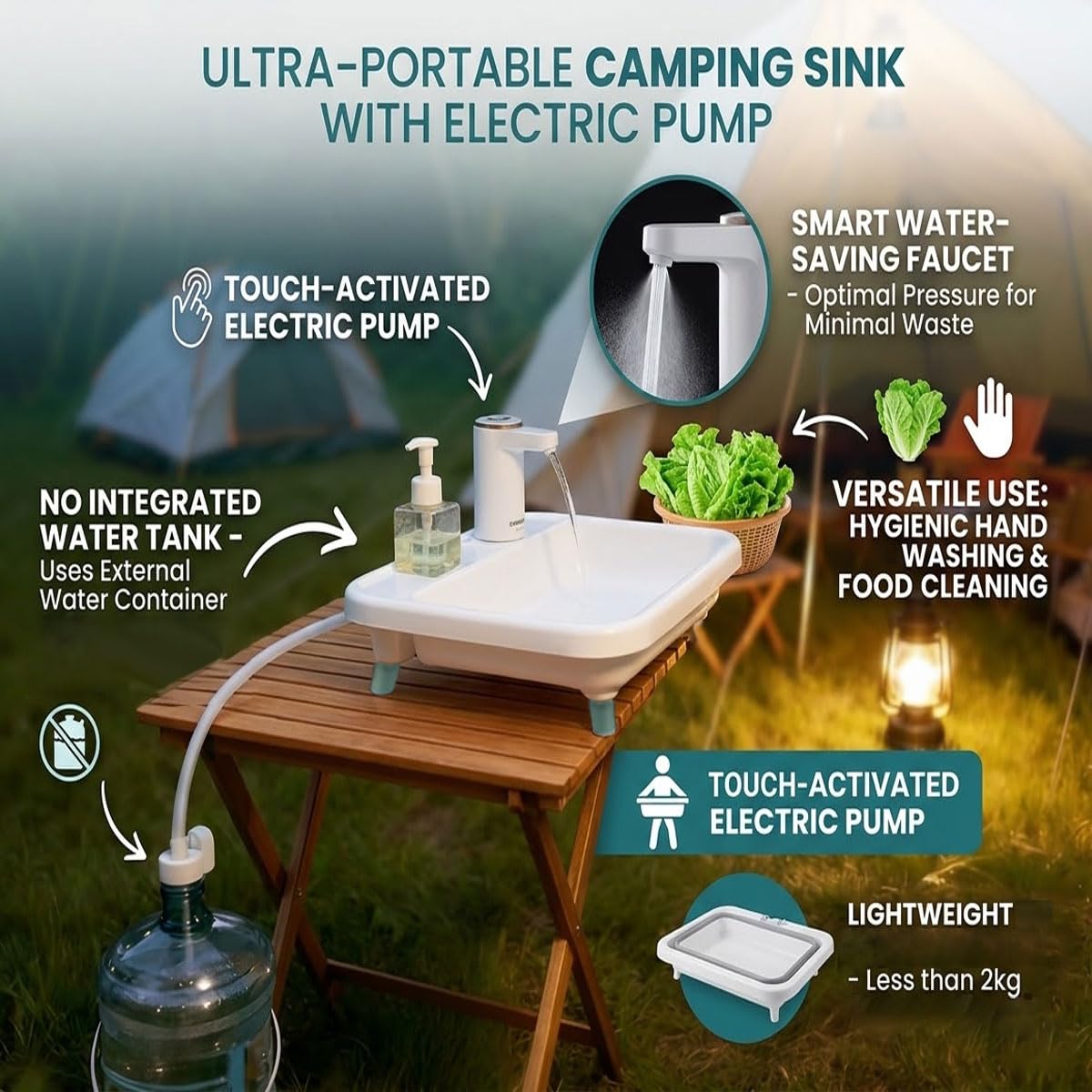 Stazione di lavaggio a mano portatile con rubinetto elettronico, stazione di lavaggio esterna regolabile e stazione di lavaggio per stoviglie da campeggio, camper, officine e garage, include tubo di