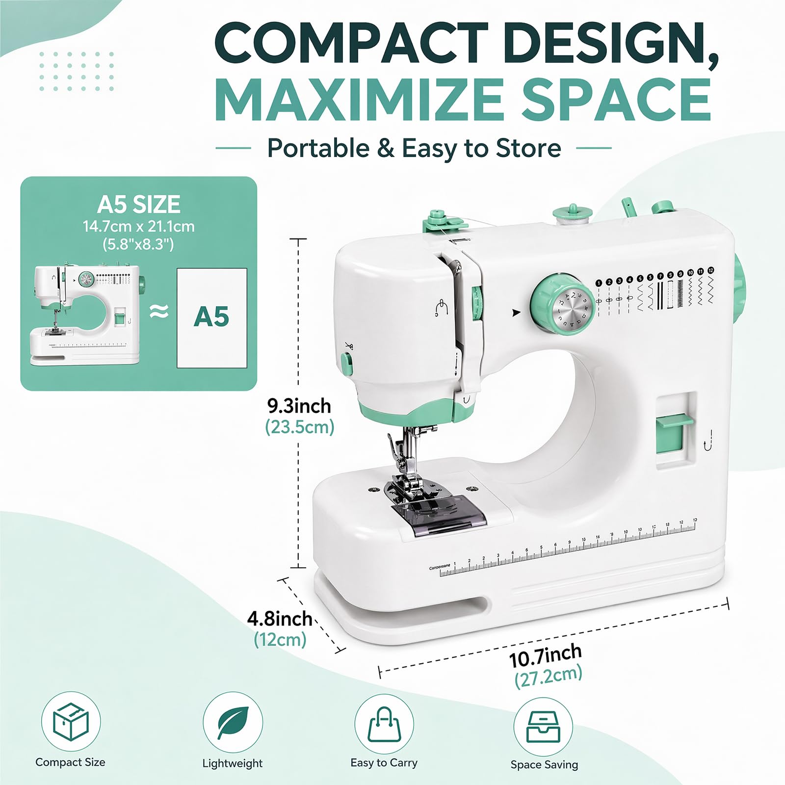 Maquina de Coser Portátil, Mini Maquina de Coser para Principiantes con 12 Puntadas de Costura y Accesorios de Costura, Ideal para Principiantes y DIY