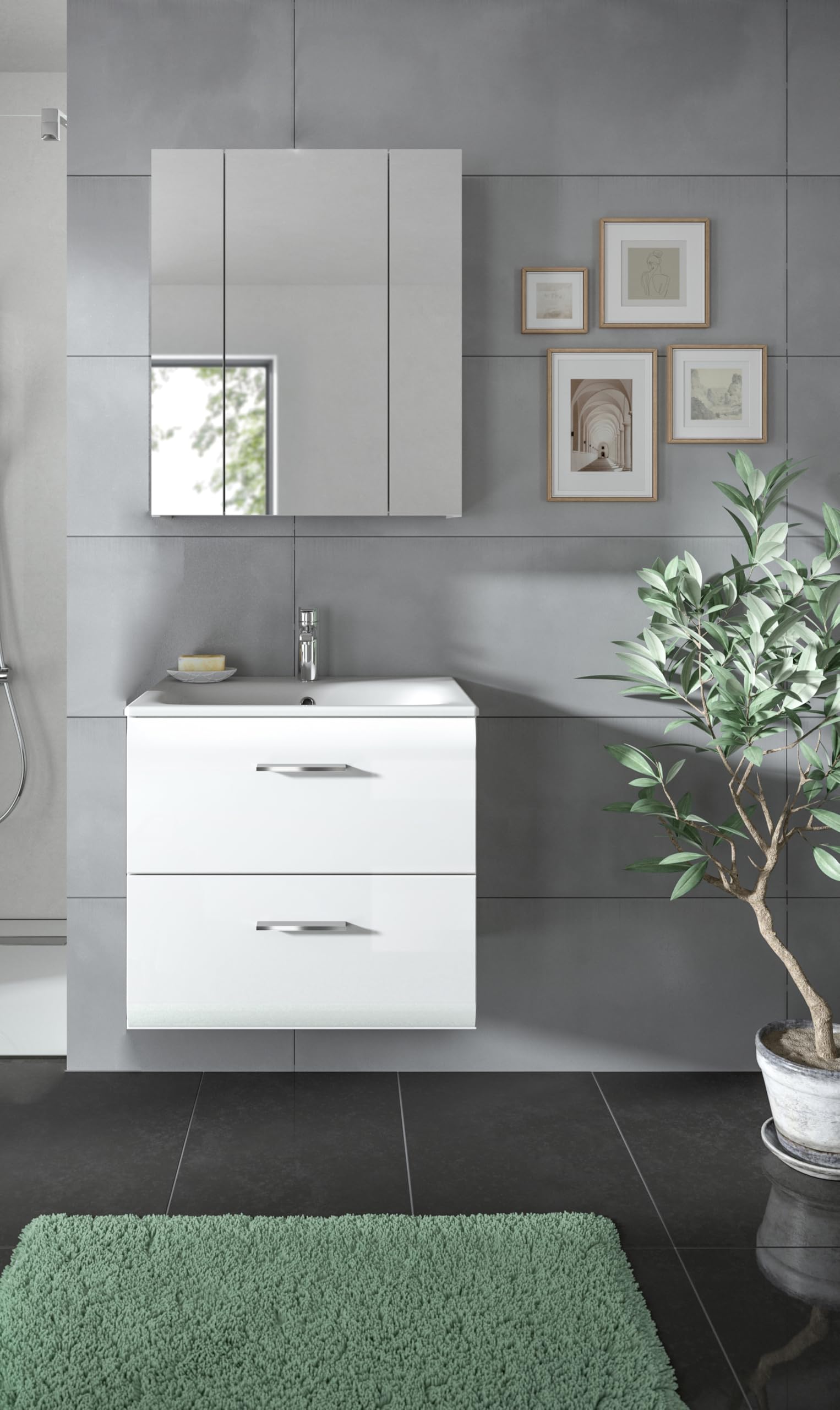 xonox.home – 2 TLG. Badezimmerkombination Ice 60x185x46 cm in Korpus weiß Nachbildung und Front weiß Hochglanz – Hochwertige Badmöbel-Kombi – modern – Bild 6