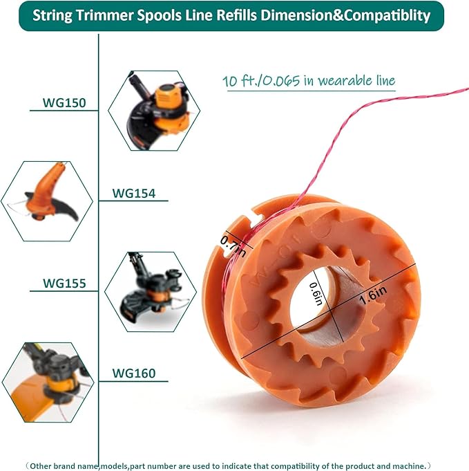 WA0010 String Trimmer Line Spool 0.065 in 10ft Edger Spool Line with WA6531 Spool Cap Cover (12 Spool + 3 Cap) - Premium Worx Weed Eater Replacement