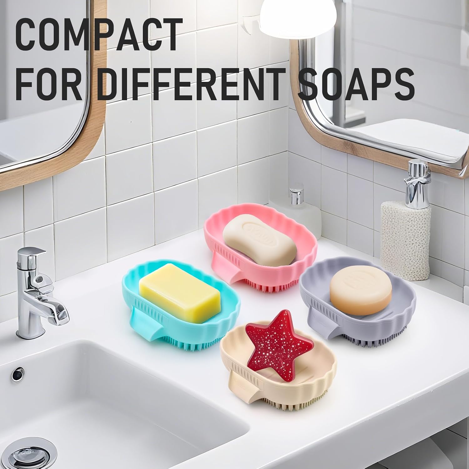 Silicone Soap Dish with Drain 2 Pcs, Anti-Slip Bathroom Bar Soap Holder Dishes Self Draining Waterfall Saver Plate for Shower Sink - Unique Bottom Brush Easy Dry & Clean (Pink + Lavender Grey) image 4