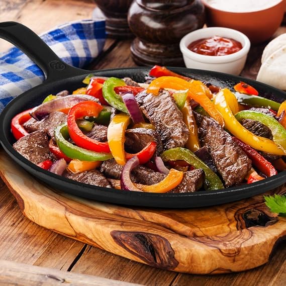 Commercial CHEF 10.5-Inch Cast Iron Round Griddle, Pre-Seasoned Cast Iron, Integrated Hanging Hole in Handle, Works on All Cooktops Including Induction, Outdoor Skillet for Campfires, CHFL911