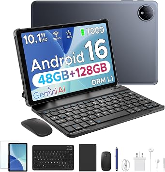 P10 10.1 inch Tablet, 48GB+128GB/TF 2TB, Android 16 Tablet with Gemini AI, 7000mAh, Unisoc T310 Quad-Core, 90Hz, 8MP+5MP, Dual Speakers, 3.5mm Headphone jack, Tablet with Keyboard, Pen, Case, Gray