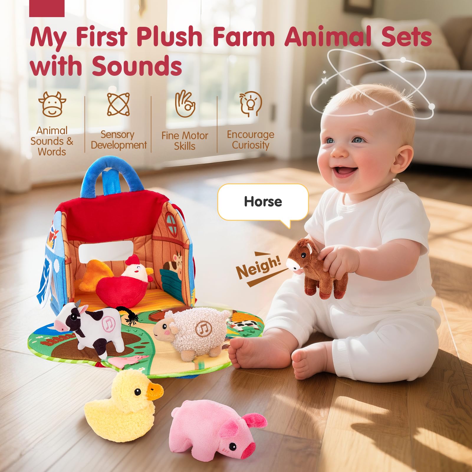 hahaland Giochi Bambini 1 Anno - Fattoria Sonora in Peluche, con 6 Animali Morbidi e Suoni Realistici, Gioco Educativo Bambino Montessori Sensoriale Regalo 6 12 18 Mesi