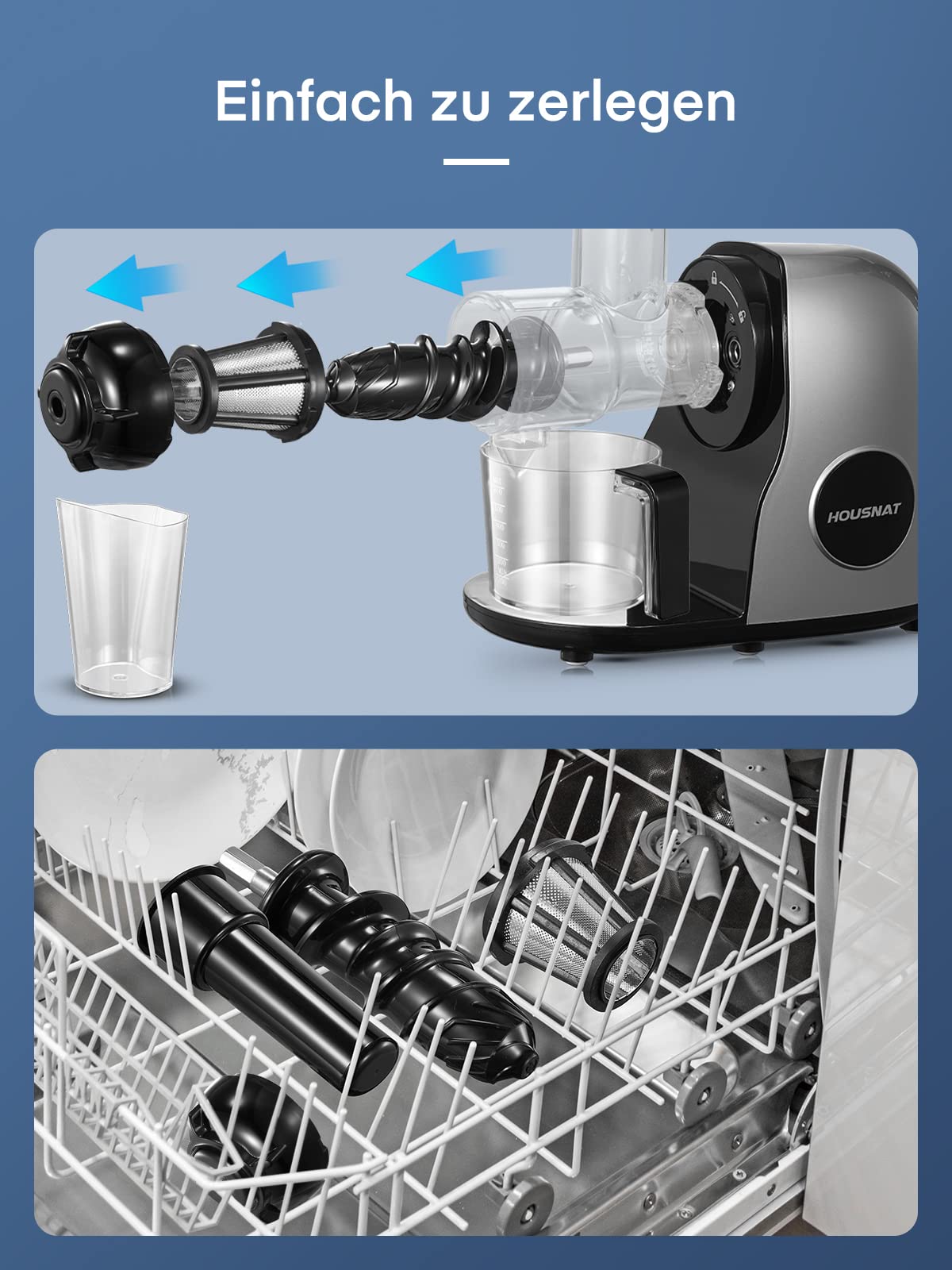 HOUSNAT Slow Juicer, Entsafter Gemüse und Obst, Profi Entsafter mit Ruhigem Motor │ Umkehrfunktion │ Saftkanne │ Reinigungsbürste │ 2 Filterelemente, BPA Frei (Silber)