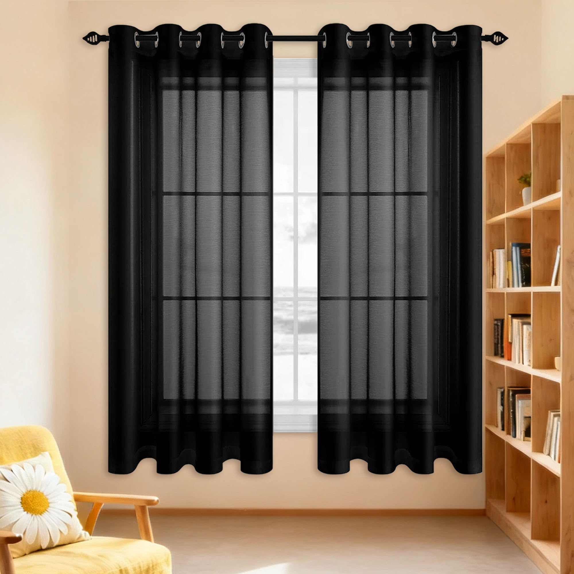 Rideau voilage noir 200x195 cm transparent et lumineux pour décoration de maison