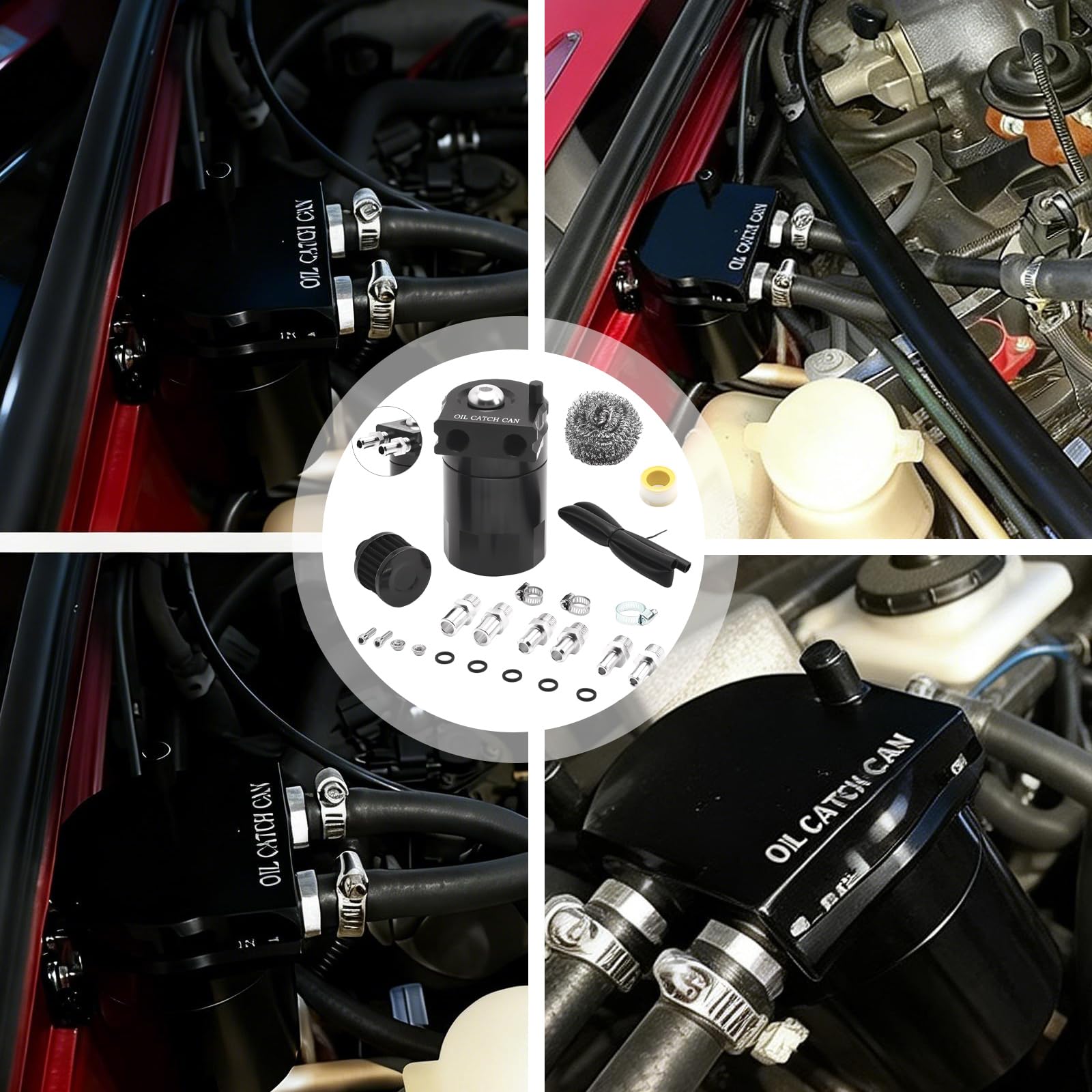PORFOYO Collecteur d'huile en aluminium 300 ml avec filtre à air, séparateur d'huile avec filtre à air et accessoires, réservoir de voiture, réservoir d'huile pour moteurs de course turbo, noir