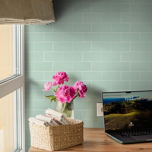 Miniatura 2 de CASAPALACE Azulejos de cristal para despegar y pegar, loseta en muro de vidrio verde para pared de cocina y baño (5 hojas, 5 pies cuadrados)