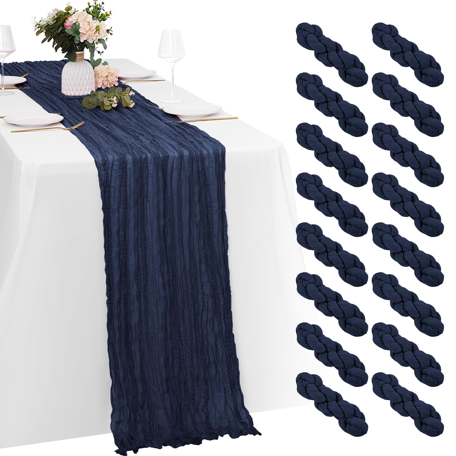 16 Pack Navy Blue Cheesecloth Table Runners 20x120 Inch Gauze Table Runner Cheese Cloth 10FT Blue Table Runner Rustic Sheer Runner for Wedding Baby