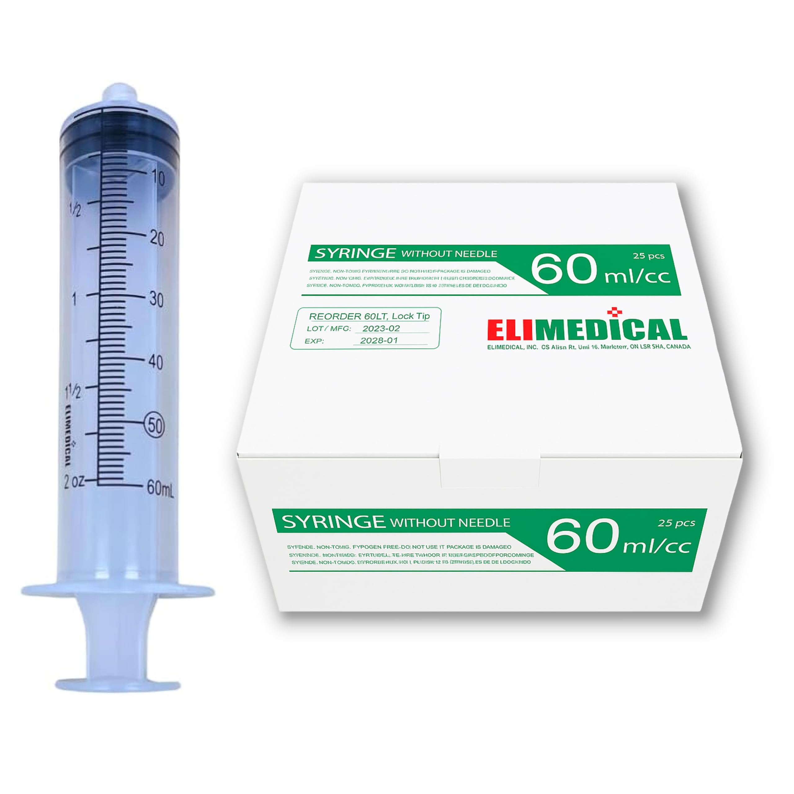 Elimedical Veterinary Disposable Syringe, 60cc Luer Lock, Without Needle, Individually Packaged, 25 per box, 60LT