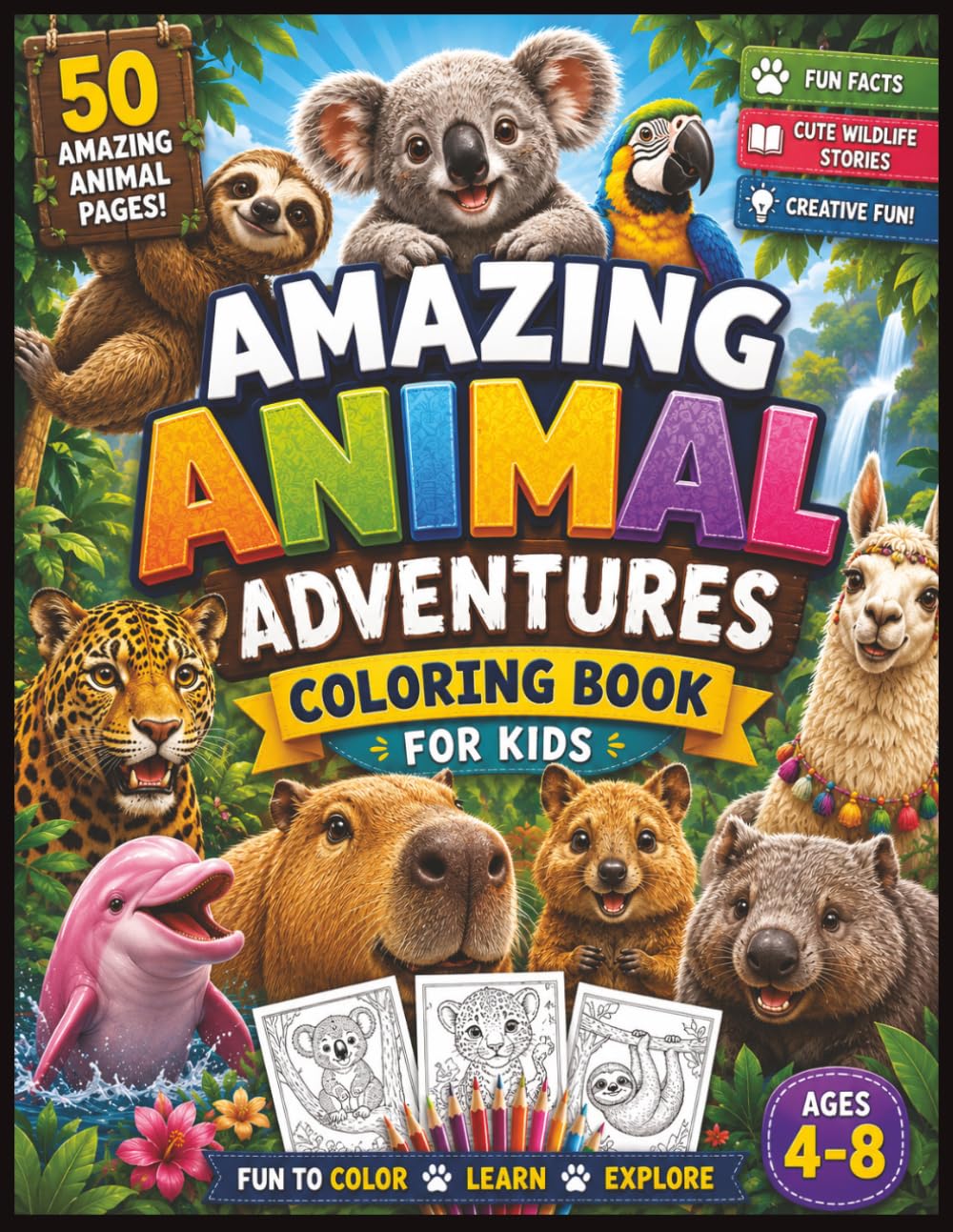 Amazing Animal Adventures Coloring Book for Kids: 50 Fun Animal Coloring Pages with Fun Facts, Cute Wildlife Stories, and Creative Fun for Ages 4–8
