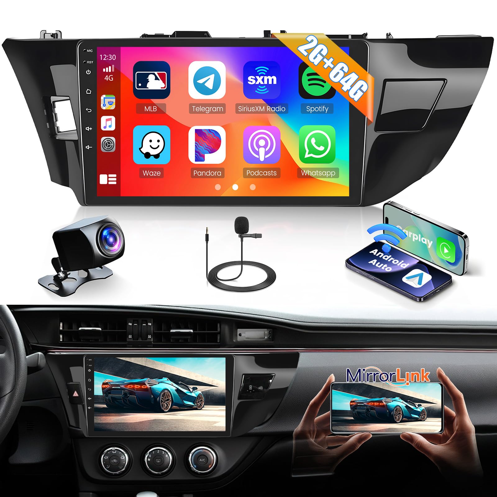 [2+64gb] android 15 car radio for toyota corolla 2013-2016 with wireless carplay android auto, 10.1 inch hd touch screen car stereo with gps wifi bluetooth fm/rds swc backup camera mic