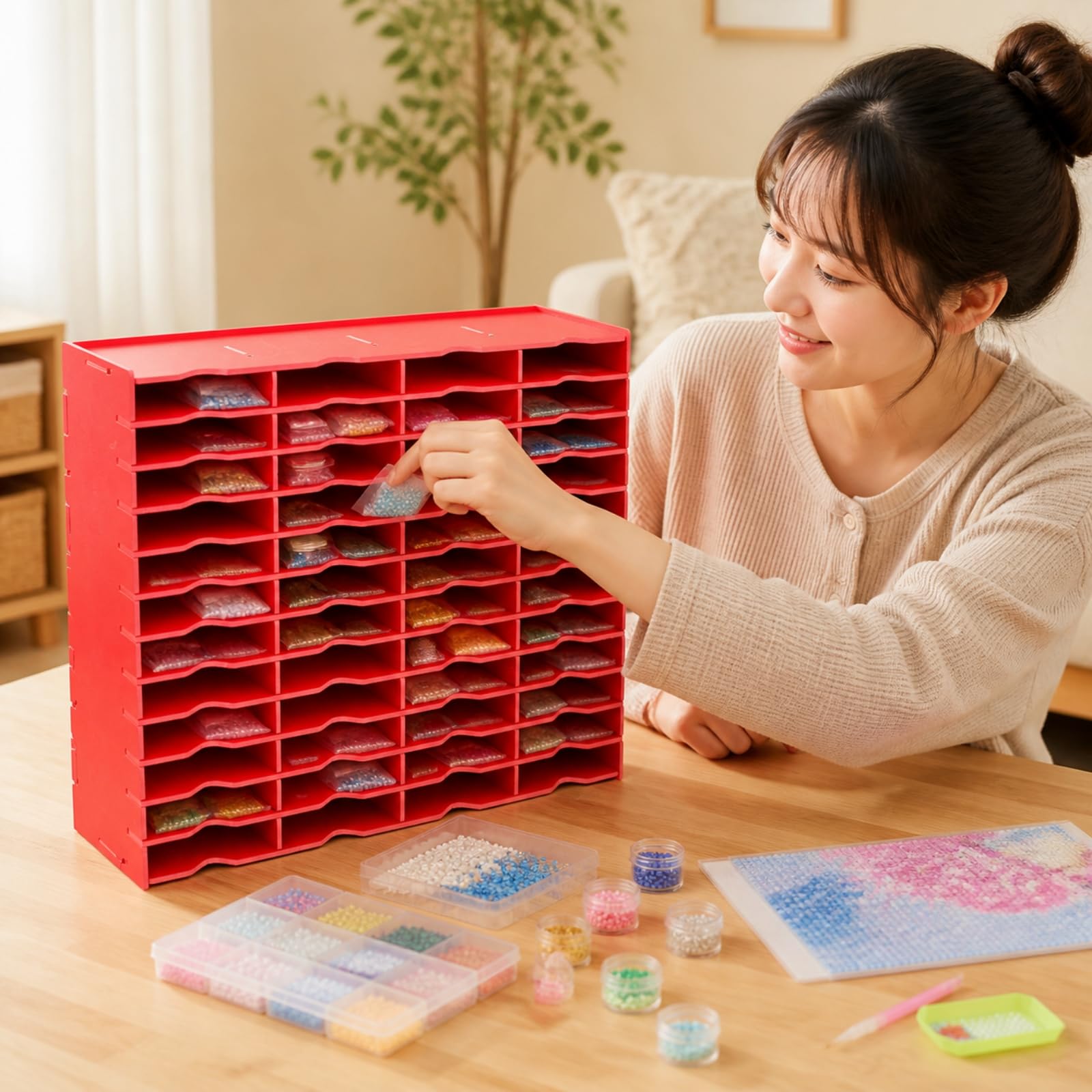KESOTO Organizador Plegable Escritorio con 48 Compartimentos Pequeño Organizador Escalonado con Frontales Ondulados para Aula, Rojo, 48 Cuadrícula
