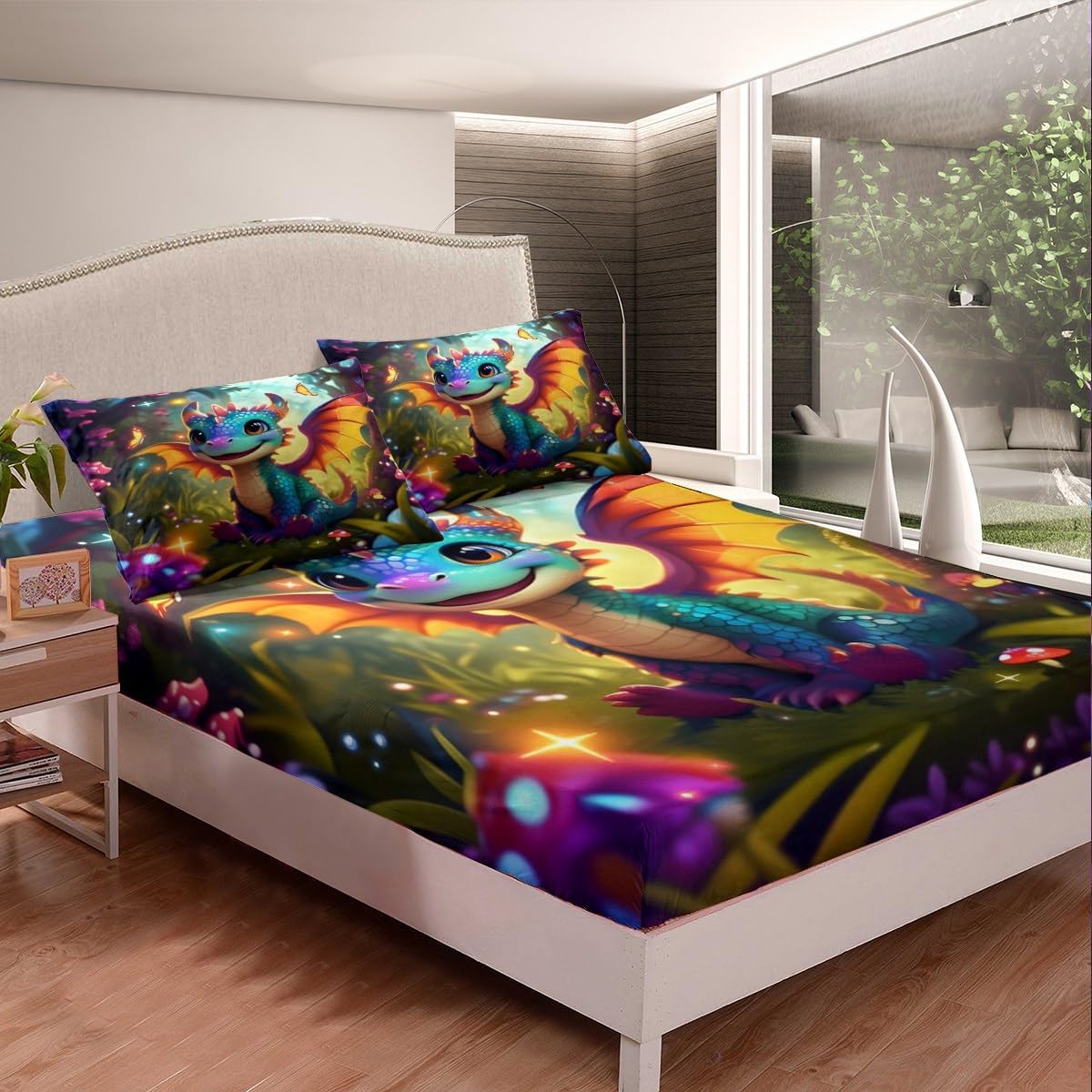 Cartoon Dragon Kids Fitted Sheet Twin Size Polka Dot Mushroom Bedding Set Girls Boys Adults Room Decor Cute Western Dragon Bed Cover Fantasy Jungle Butterfly Bed Sheet,1 Pillowcase