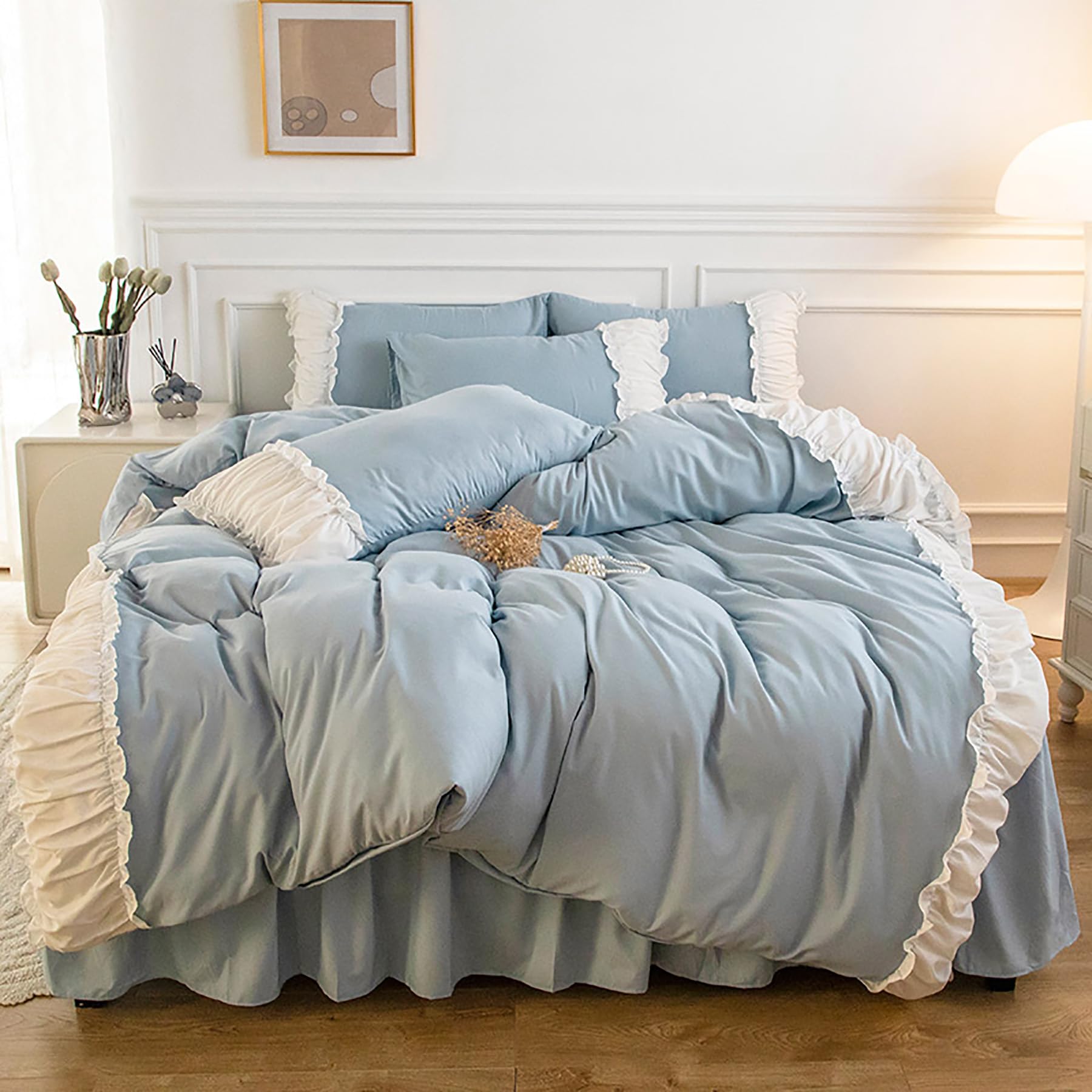 Parure lit Queen Size, Ensemble literie Simple Coton Couleur Unie Couvre-lit Dentelle Style Ensemble draps Comprenant Ensembles Couette Un Drap Plat Une taie d'oreiller,Bleu,Twin