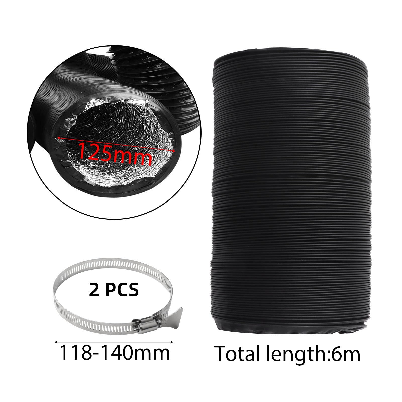 Tuyau d'évacuation 125 mm Longueur 6 m Noir Gaine Ventilation en Aluminium Tuyau D'évacuation D'air avec 2 Colliers de Serrage en Acier pour Climatisation Déshumidificateur Extracteur