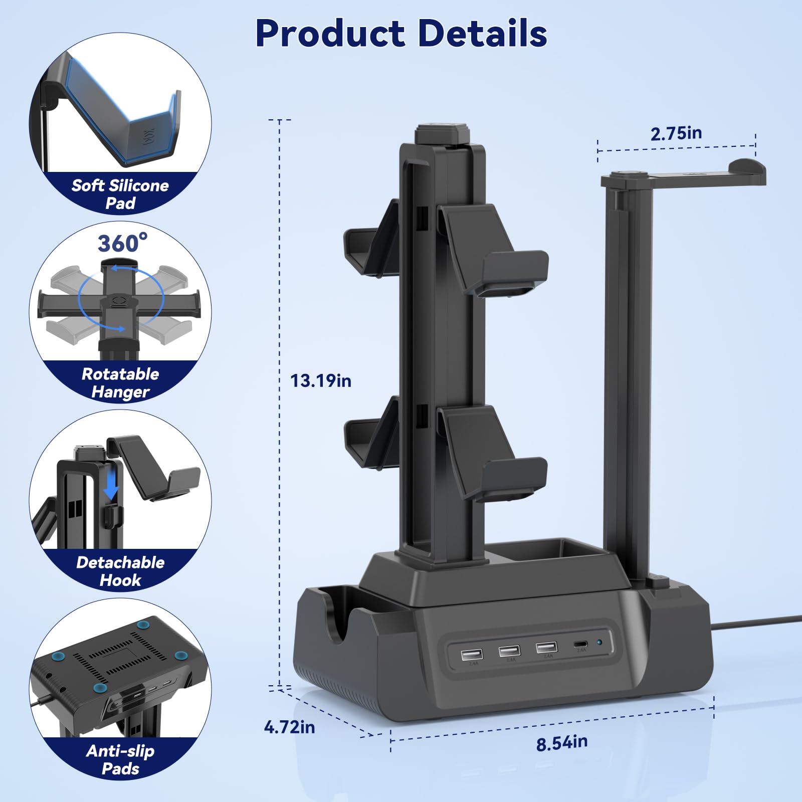 Stazione di ricarica per più dispositivi, 4 porte, dock di ricarica con controller e supporto per cuffie, 3 USB A e 1 USB C per cellulare, tablet e altri dispositivi elettronici, archiviazione