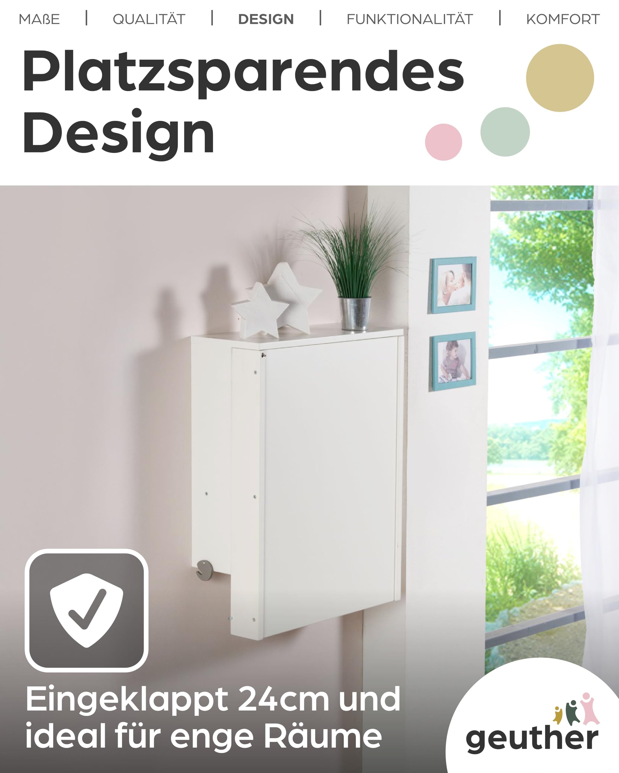 Geuther Wand Wickelregal Wicki I Wickeltisch klappbar inkl. Wickelauflage I Platzsparende Wickelkommode klappbar für Babyzimmer I Wandwickeltisch mit Regalfach I Wickelunterlage abwaschbar | Natur