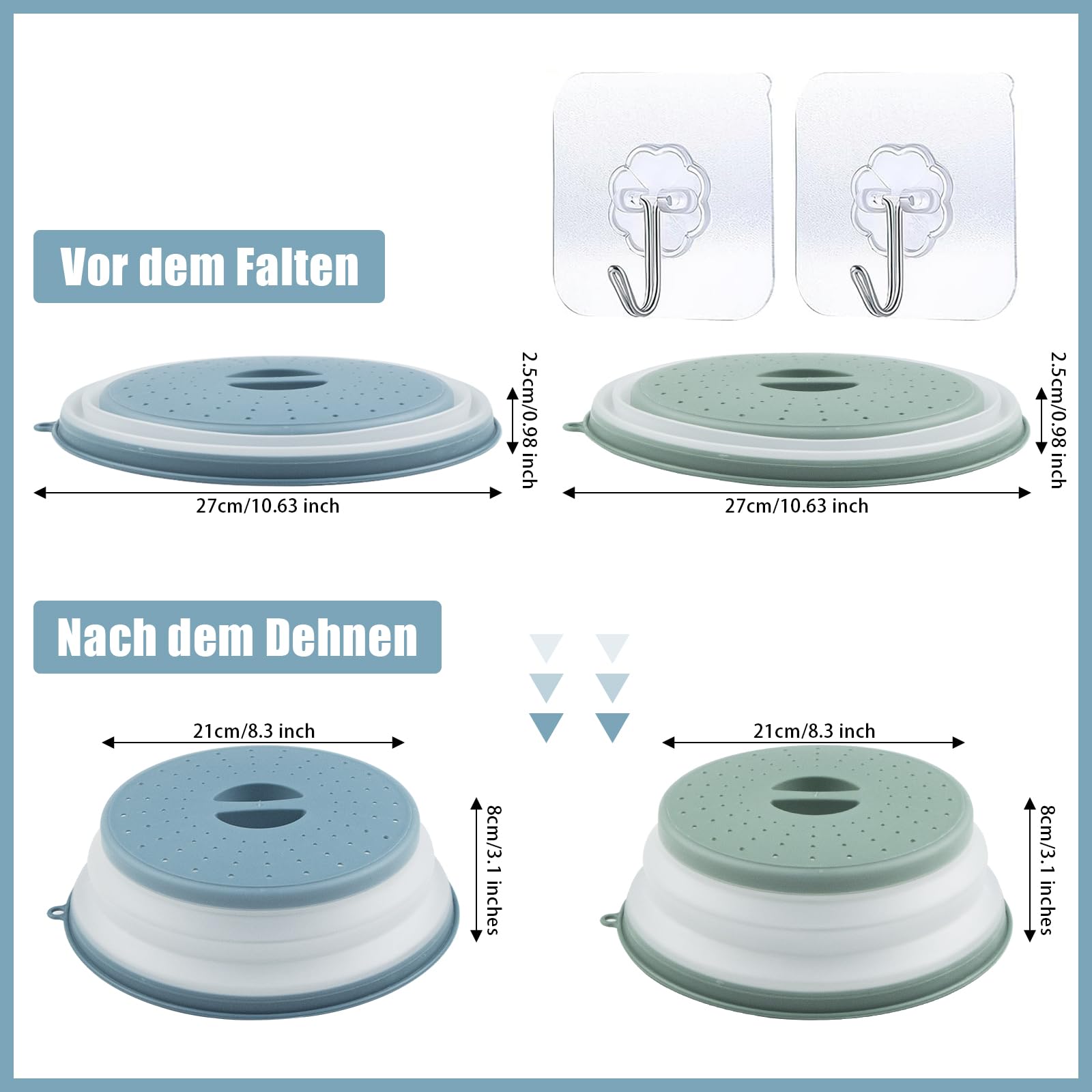 2 piezas de tapas para microondas plegables - 26,5 cm de protección contra salpicaduras con ganchos y rejilla de ventilación - Resistente al calor - Ahorro de espacio para microondas, frutas, verduras