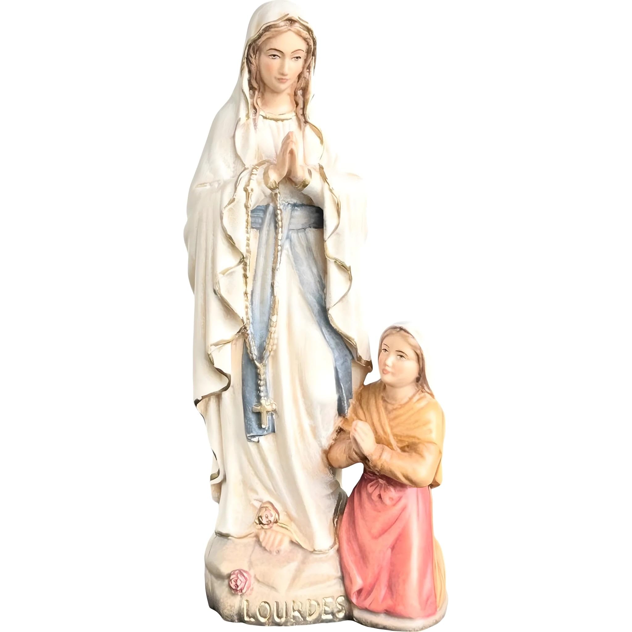 Dolfi | Madonna of Lourdes with Bernadette Wooden Figure 15 cm | Natural Wood in Val Gardena | Nativity Figure