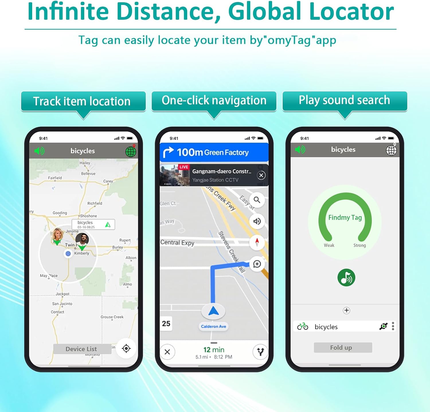 omyTag app interface showing map tracking, navigation, and sound search functions