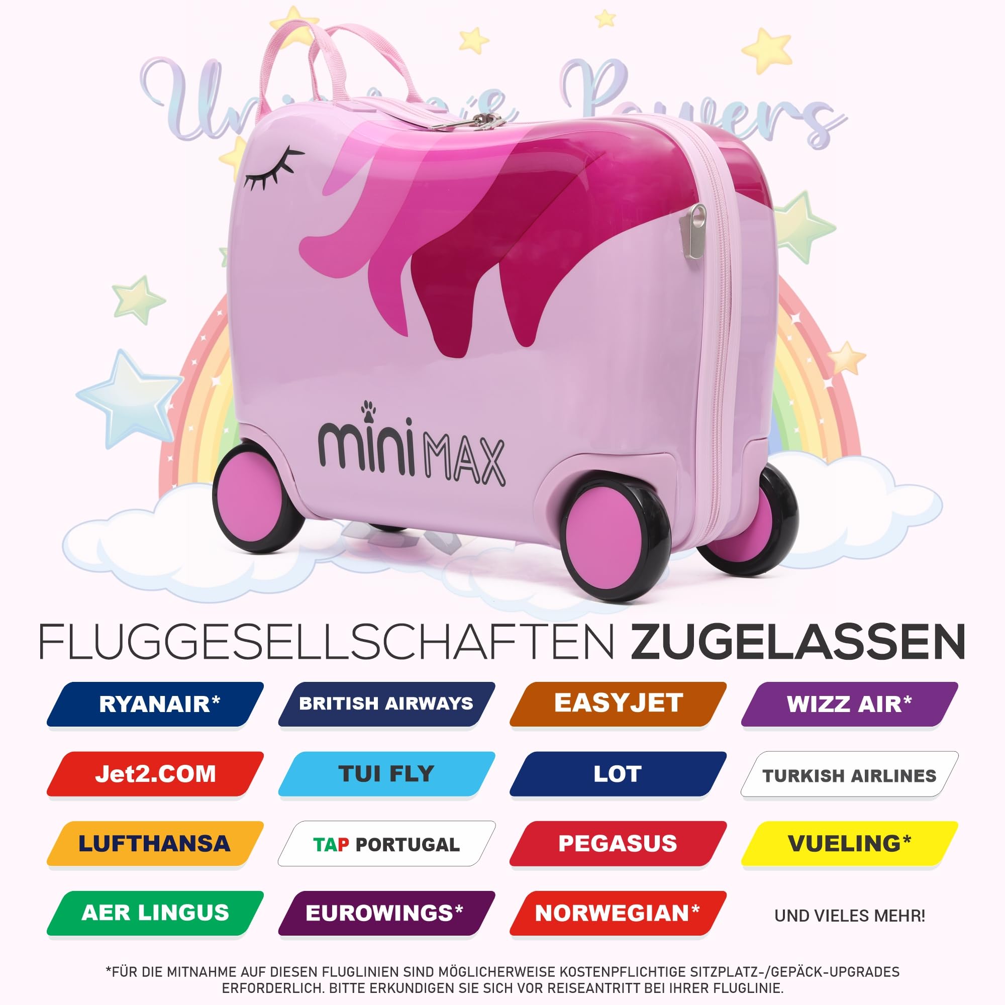Minimax Kinderkoffer Hartschale Handgepäckkoffer Kofferset 45x36x20cm für Kinder Jungen und Mädchen 29L Kindergepäck Handgepäck Trolley Hartschalenkoffer für Easyjet 45x36x20 mit 4 Rädern Einhorn
