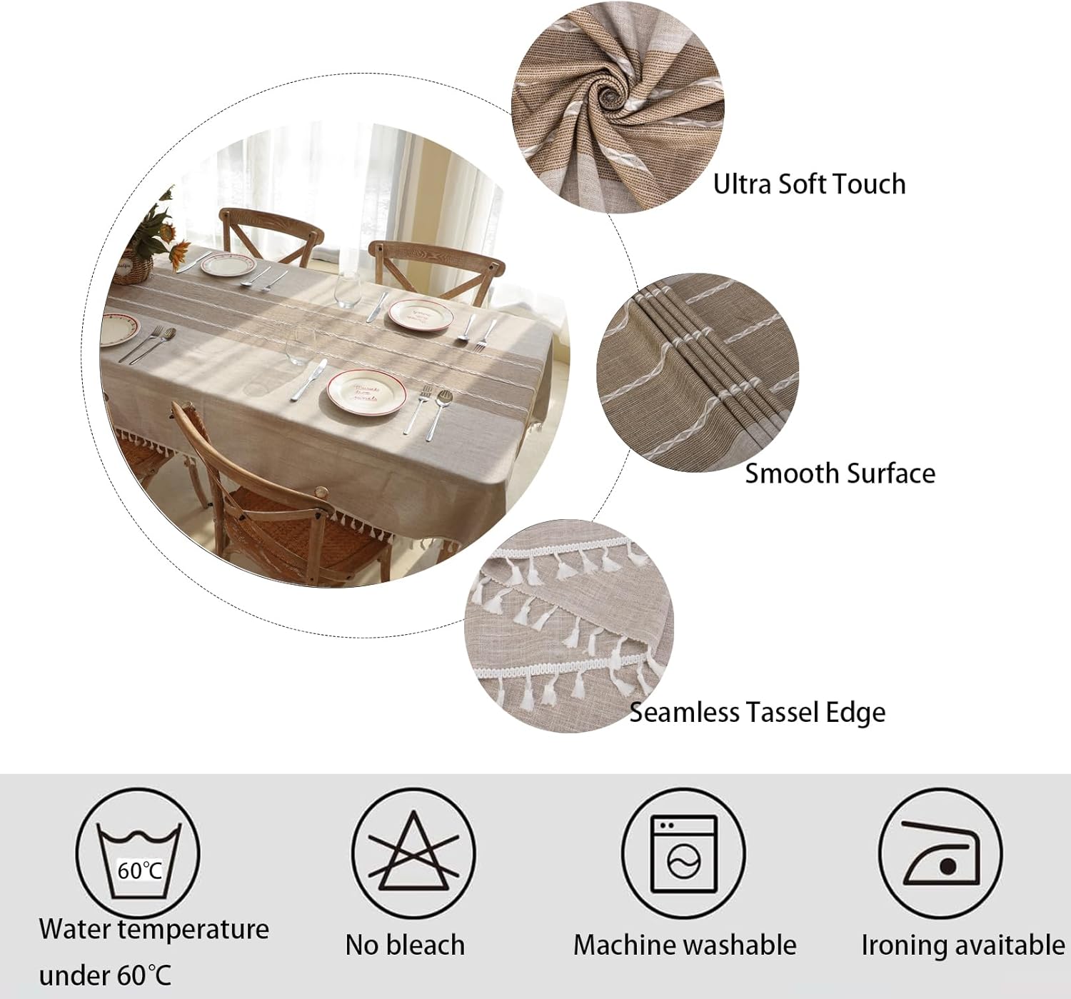 Winknowl Rustic Tablecloth, Cotton Linen Fabric Wrinkle Free Table Cloths, Washable Rectangle Table Cover Decoration for Kitchen Dinning Party for 10-12 Seats,Light Coffee Lines, 55x120 Inch