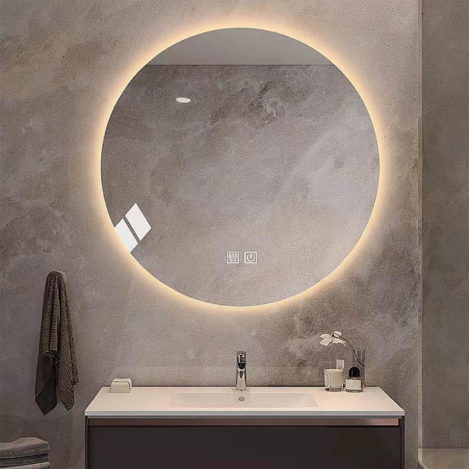 Miroir salle de bain LED rond 70 cm avec éclairage variable et antibuée intégré