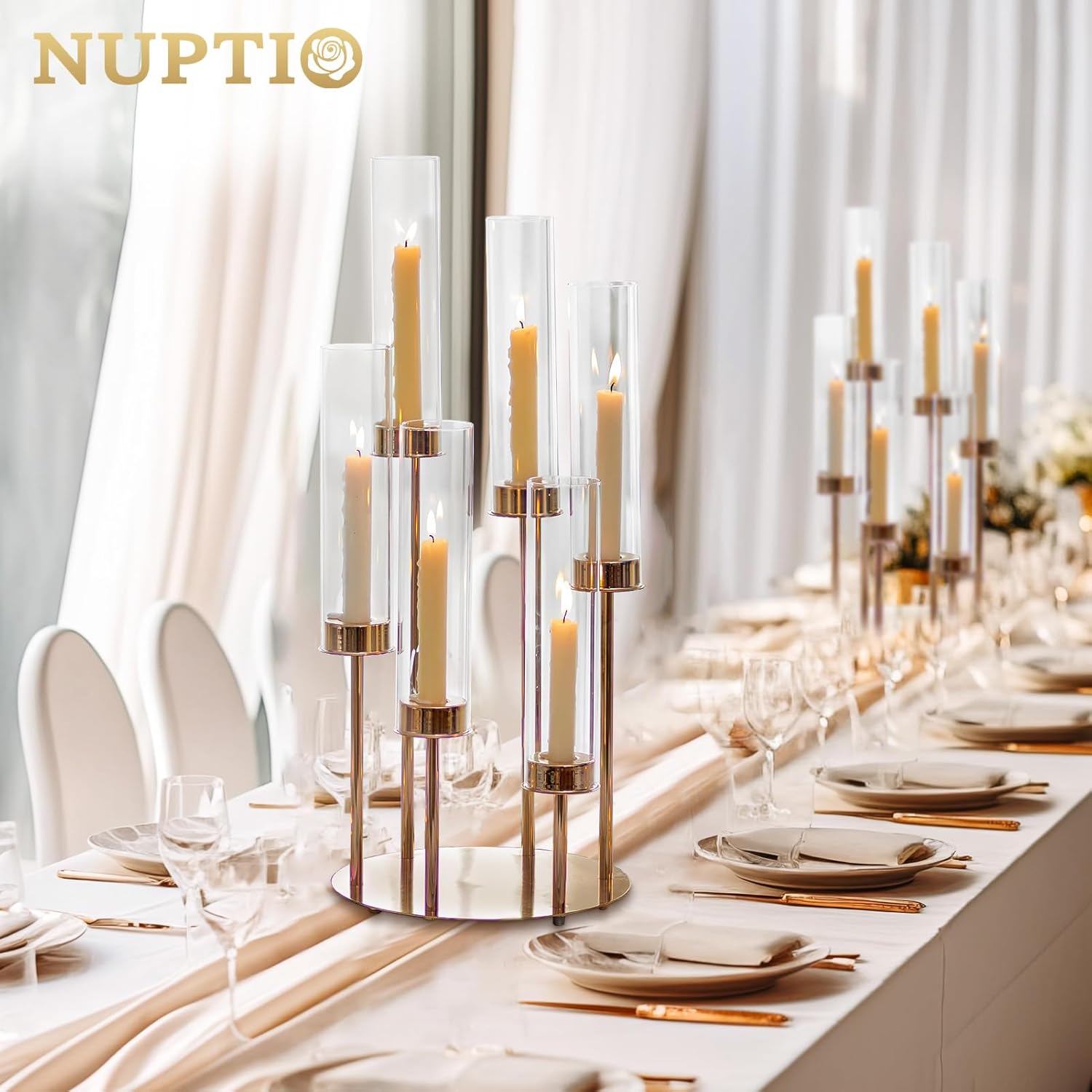NUPTIO Hurricane Glass Candle Holders: 6 Arms Gold Metal Candlestick Candelabra with Removable Clear Cylinder Sleeve 24 inch Tall Candelabras Large Taper Holder for Outdoor Wedding Table Centerpiece