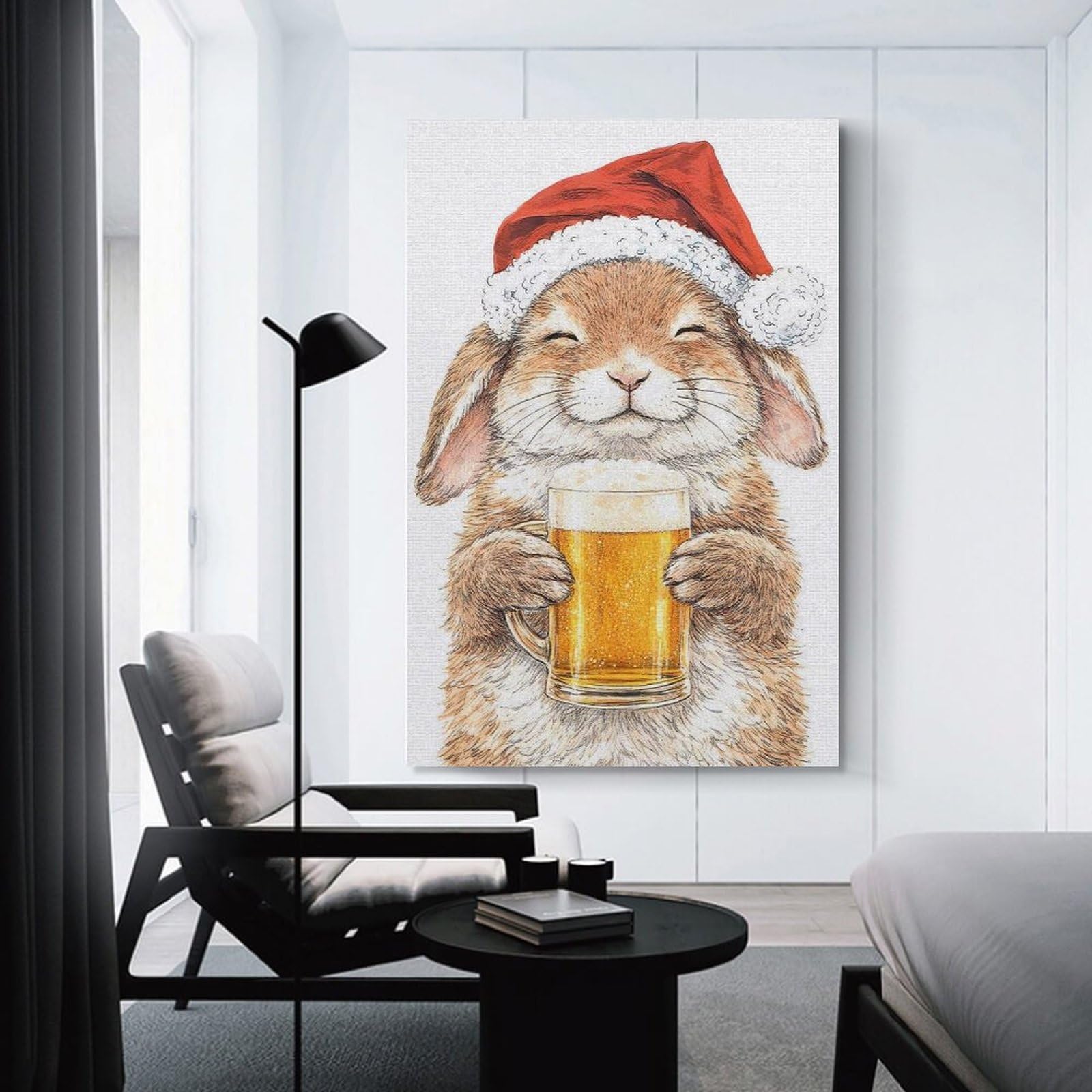 Junmoney Bunny in Santa Hat with Beer Home Decor Wall Art 20x30inch(50x75cm), for Hallway, Bedroom Or Modern Interiors, Canvas Artwork with Gifting Potential