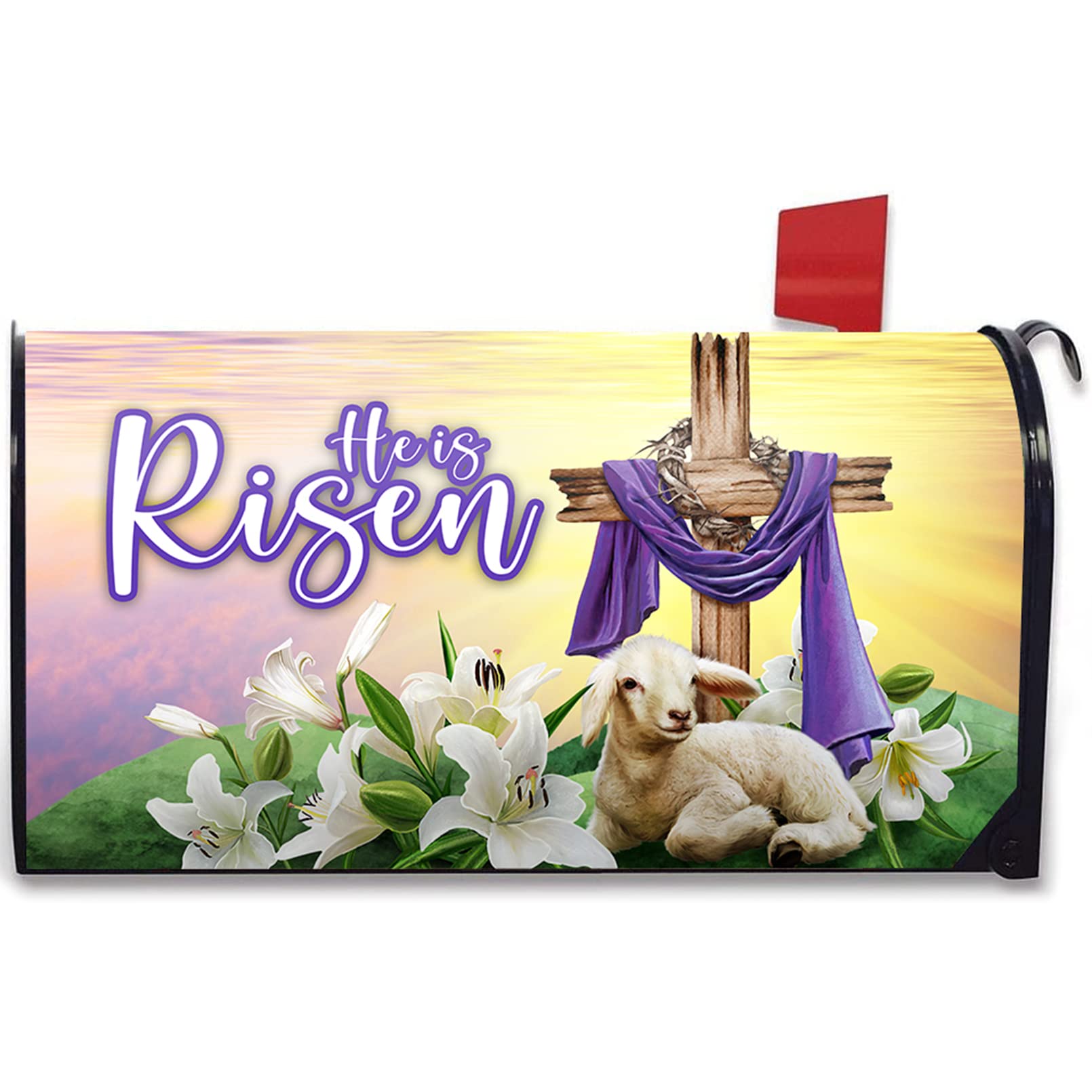 He is Risen Easter Cross Christian Mailbox Cover Magnetic Standard Size 20.5" x 18", Religious Spring Lily Flower Decorative Post Letter Box Wrap Decor Lamb Garden Yard Outdoor Decoration