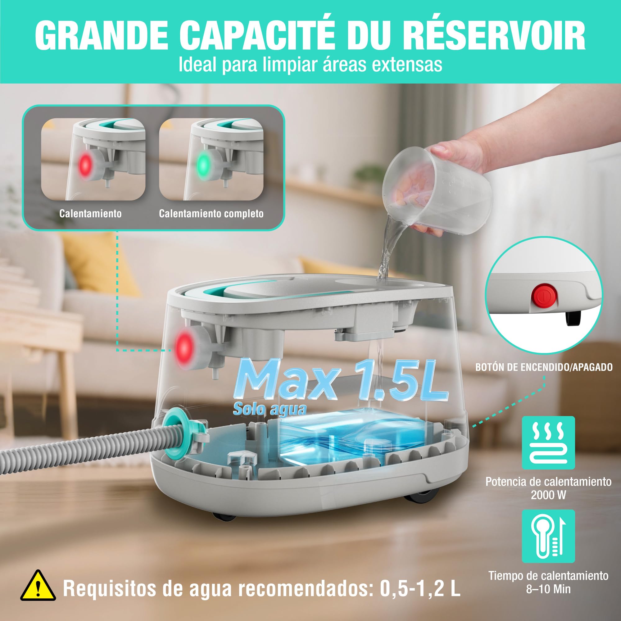 HAUSHOF Limpiador a Vapor Potente 2000W con Depósito de 1.5 L, Vapor a 4 Bares, Calentamiento Rápido, para Cocina, Baño, Suelos y Tejidos, con 14 Accesorios Versátiles