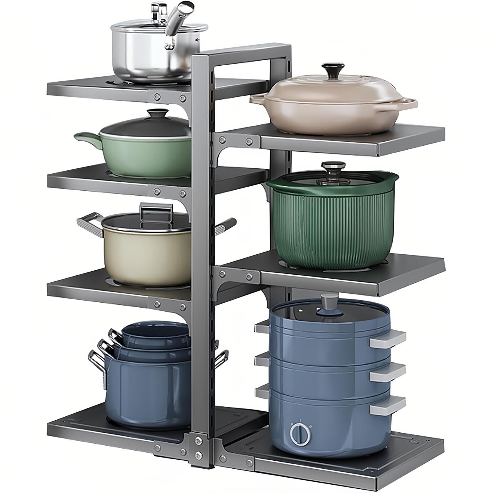 Organizador de sartenes ajustable de 7 niveles, soporte para ollas y sartenes, estante de almacenamiento de cacerolas de altura ajustable para encimera de cocina y armario