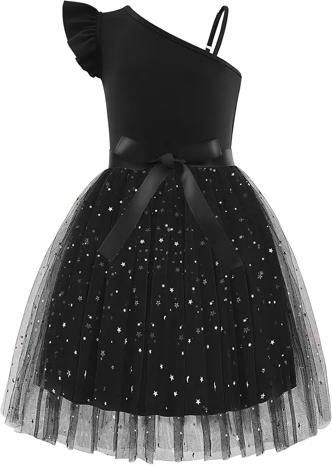 Arshiner Girls Dresses Summer One Shoulder Ruffle Sleeveless Formal Fancy Party Birthday Tulle Dress with Belted