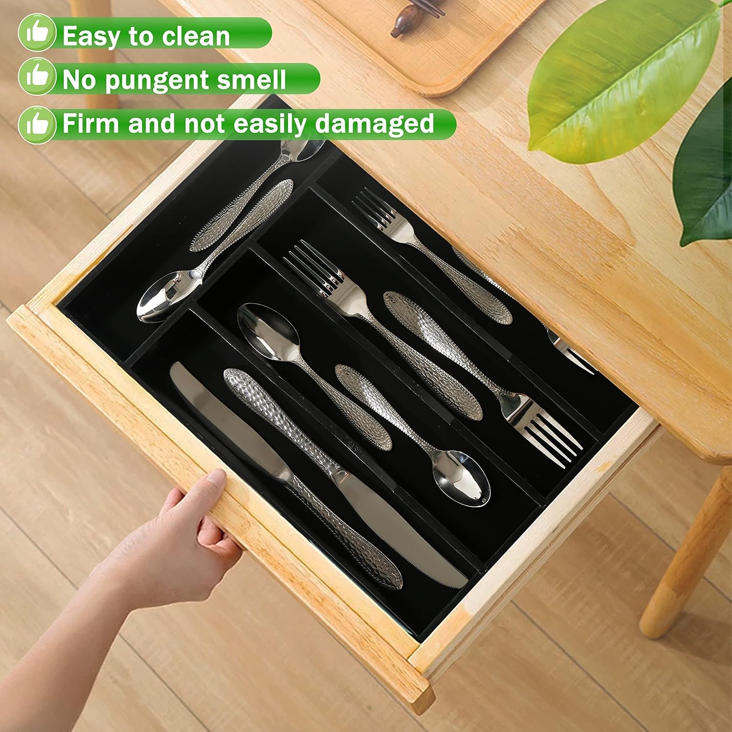 Greenual Besteck-Organizer, 25,4 cm, Besteck-Organizer für Schublade, Besteck-Organizer für Küche, Bambusholz, Schwarz