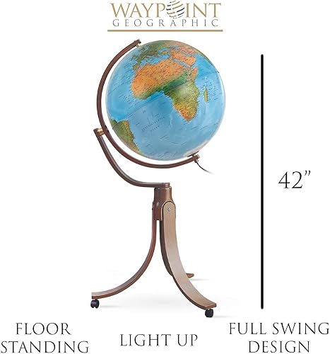 Miniatura 6 de Waypoint Geographic Emily Globe - Globo decorativo iluminado de 20 pulgadas, globo del mundo de pie para decoración de biblioteca u oficina, antiguo