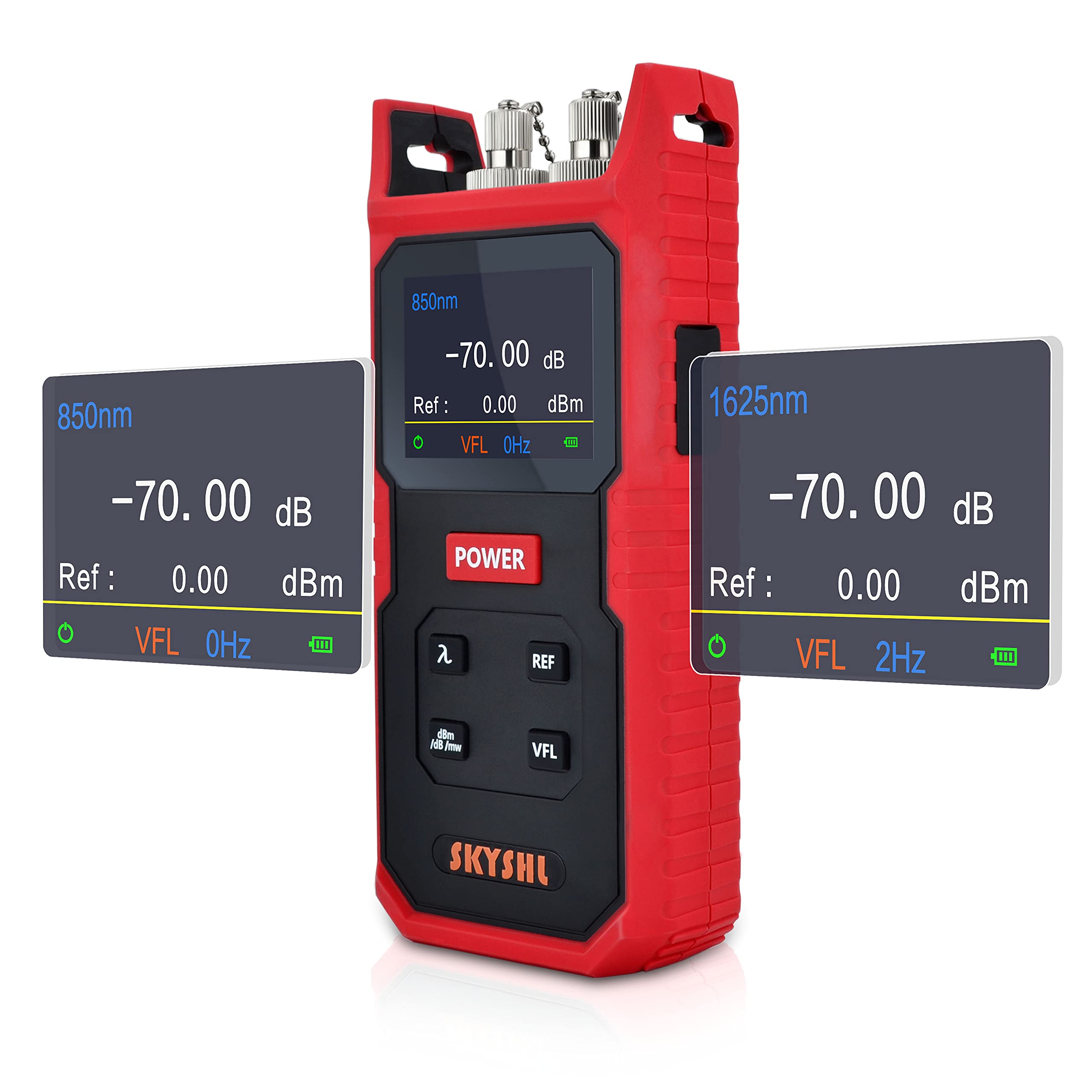 SKYSHL 800nm~1700nm -70~+8dBm Portable FTTH Optical Fiber Power Meter(Built-in VFL) with 2.5mm Universal Connector,SC,FC,LC UPC Adapter and Color Screen(SS101PVA)