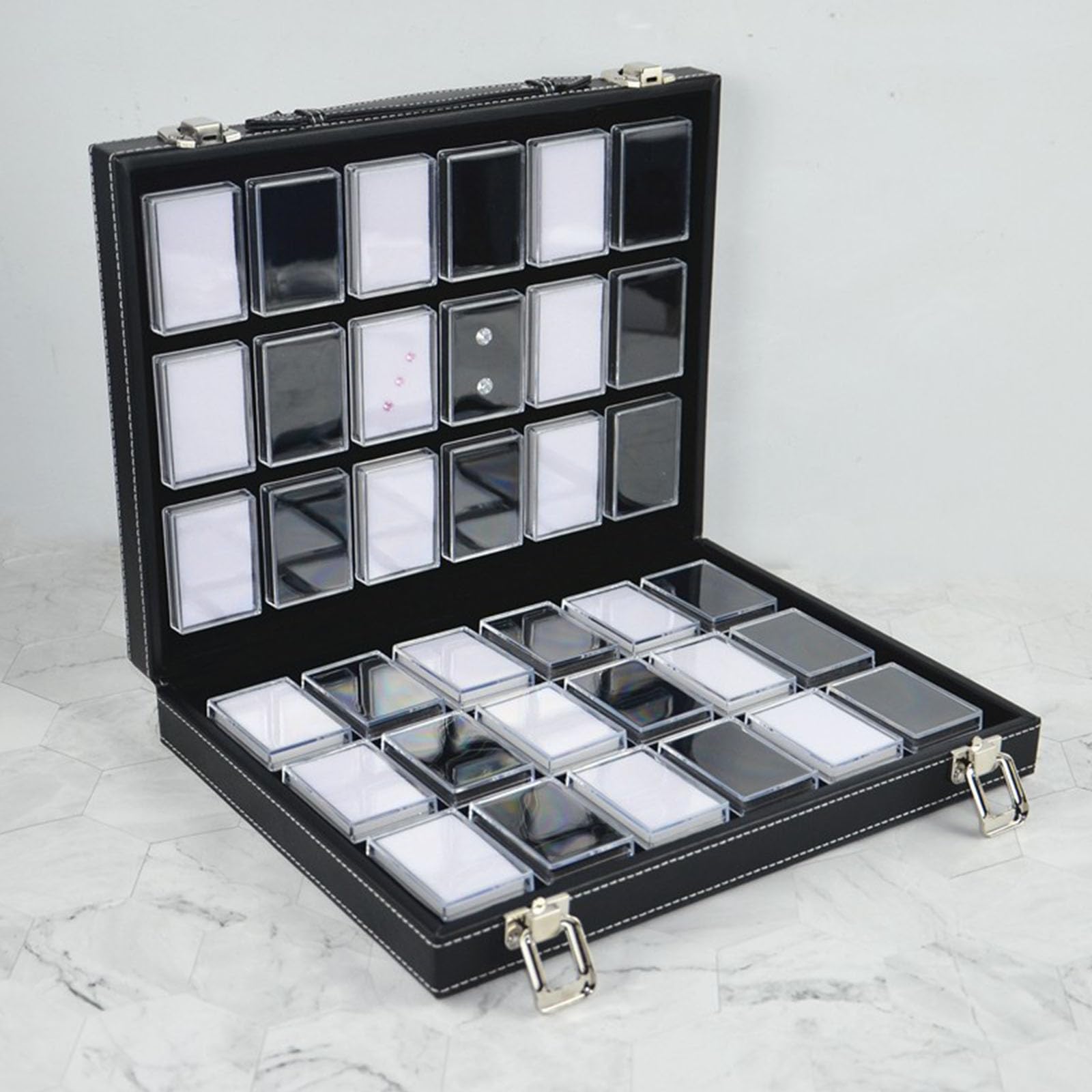 Expositor acrílico para joyas Organizador， Joyero rectangular acrílico con organizador mango de cuero