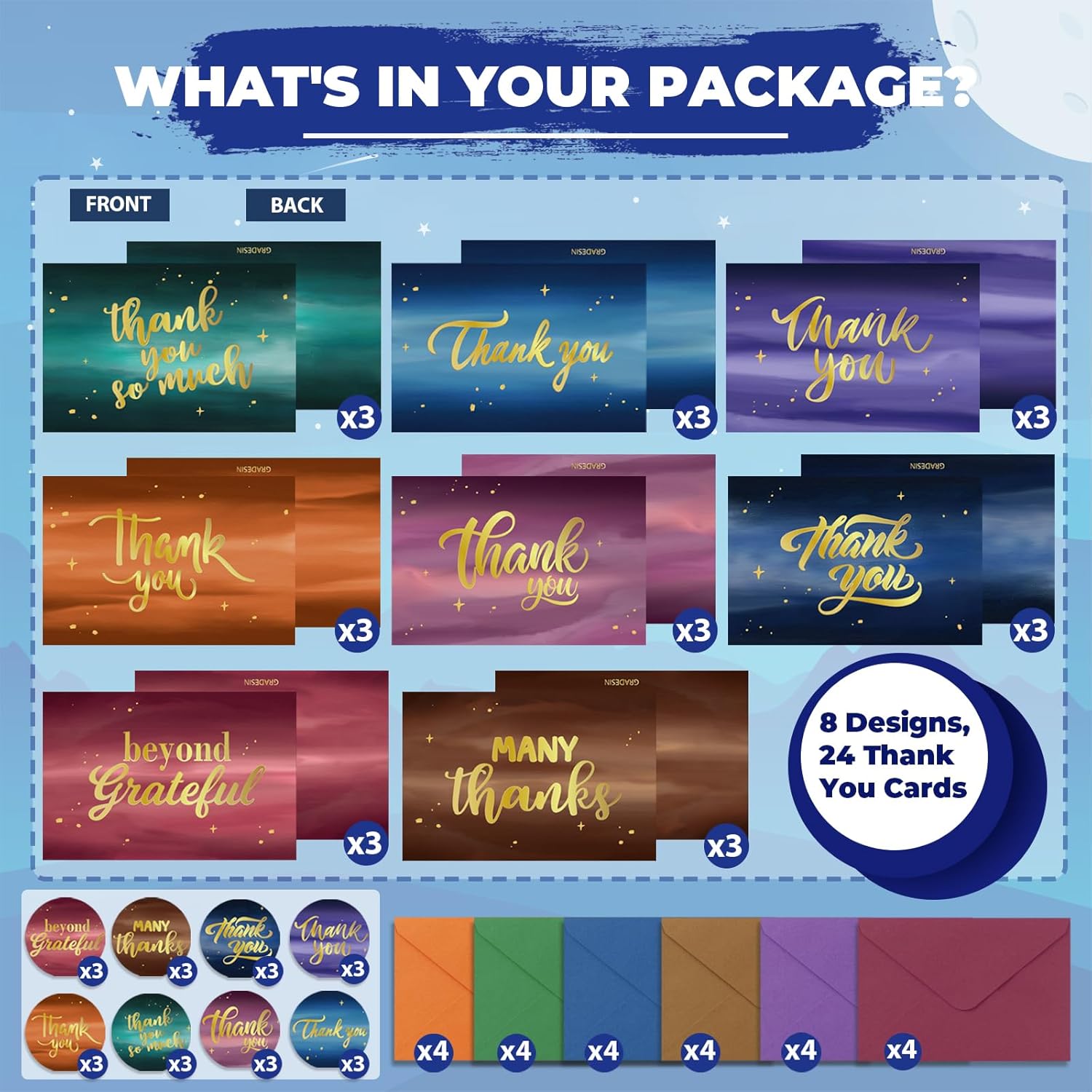 24 Pack Thank You Cards with Envelopes and Stickers, 6x4in Gold Foil Appreciation Card Splash Ink Sky Blank Note Card for Birthday, Business, Wedding, Employee Work Anniversary, 8 Cover Designs - Image 7