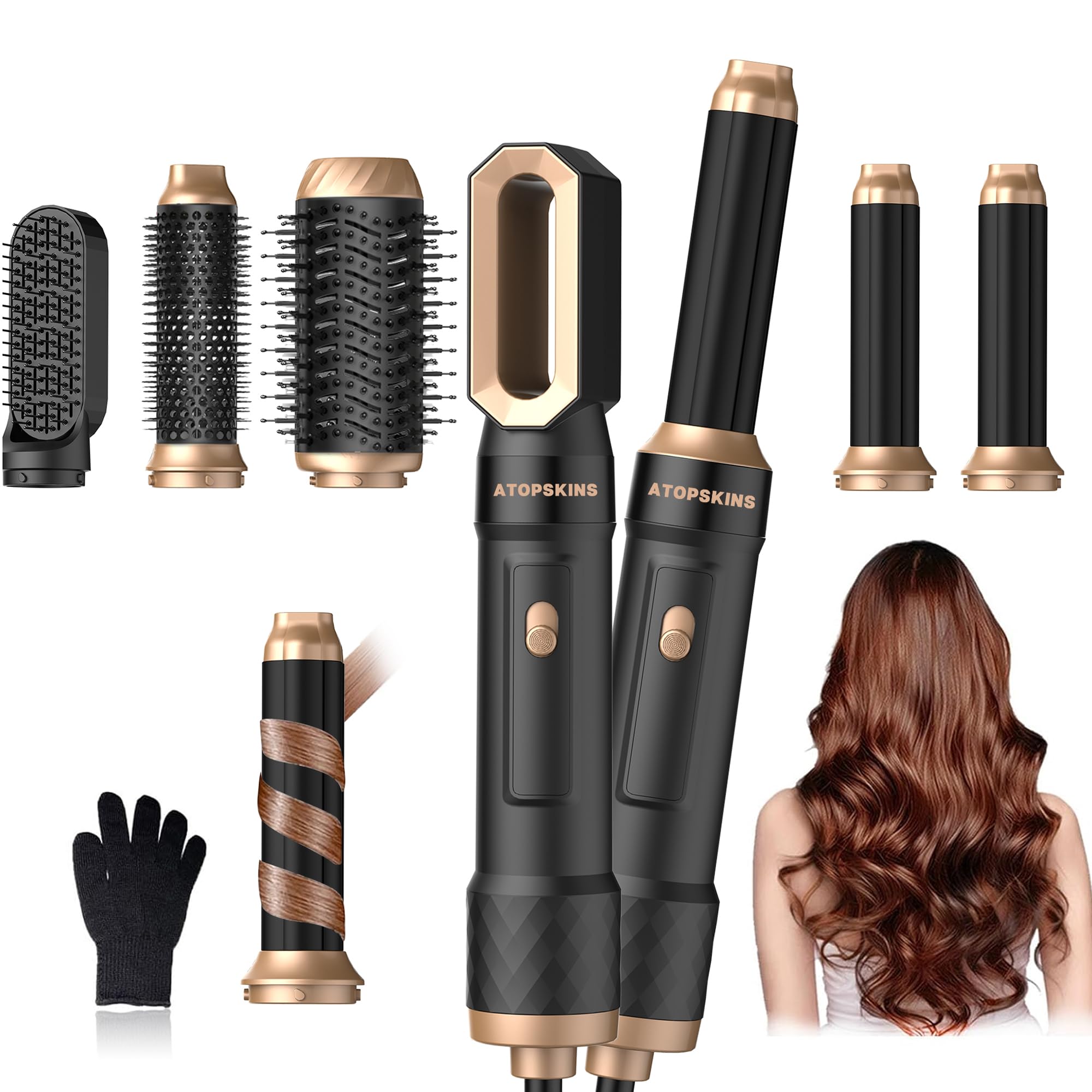 Pro Airstyler Warmluftbürste 6 in 1 Hairstyler set,Atopskins Haarstyler Ionen Föhnbürste mit 30mm Warmluft-Lockenstab | Hairstyler 1000W Haartrockner Föhn für Volumen, Trocknen, Glätten & Locken